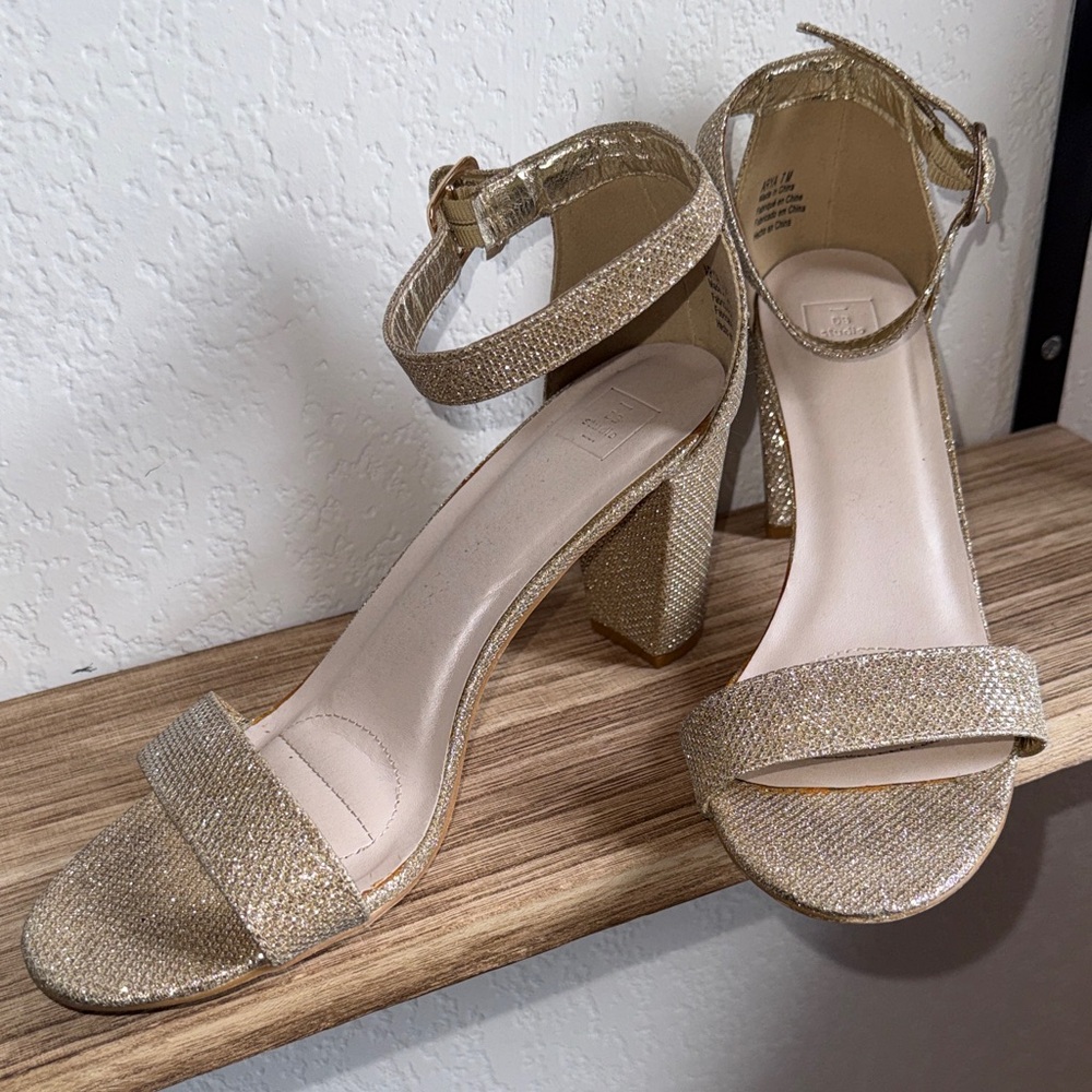 Shimmering Gold Block Heel Sandals